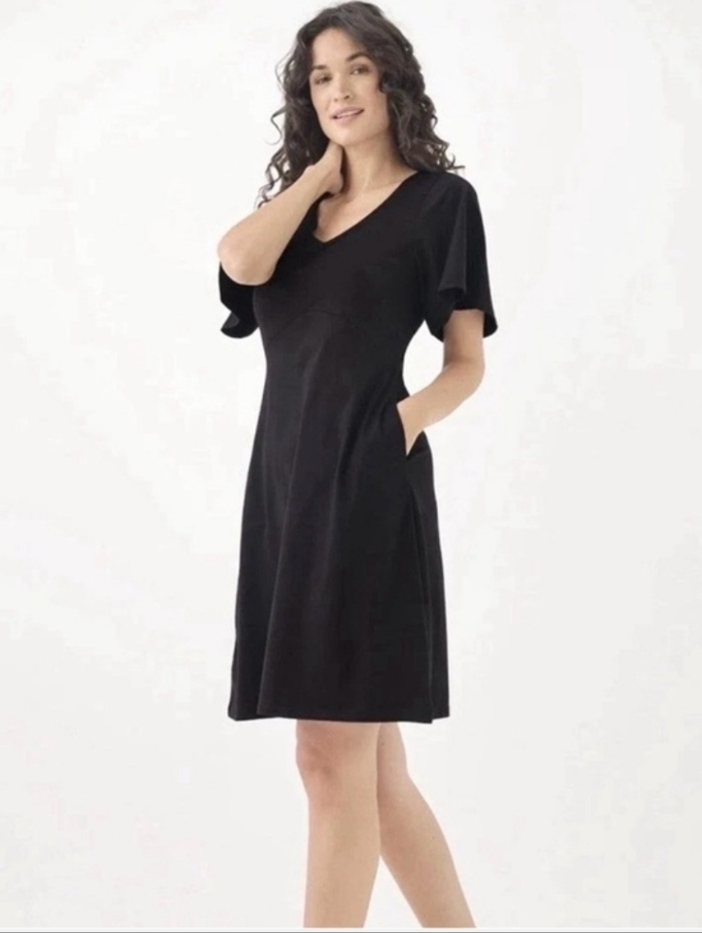 Pact Black Flutter Sleeve V-Neck Organic Cotton Dress W/ Pockets Medium M EUC